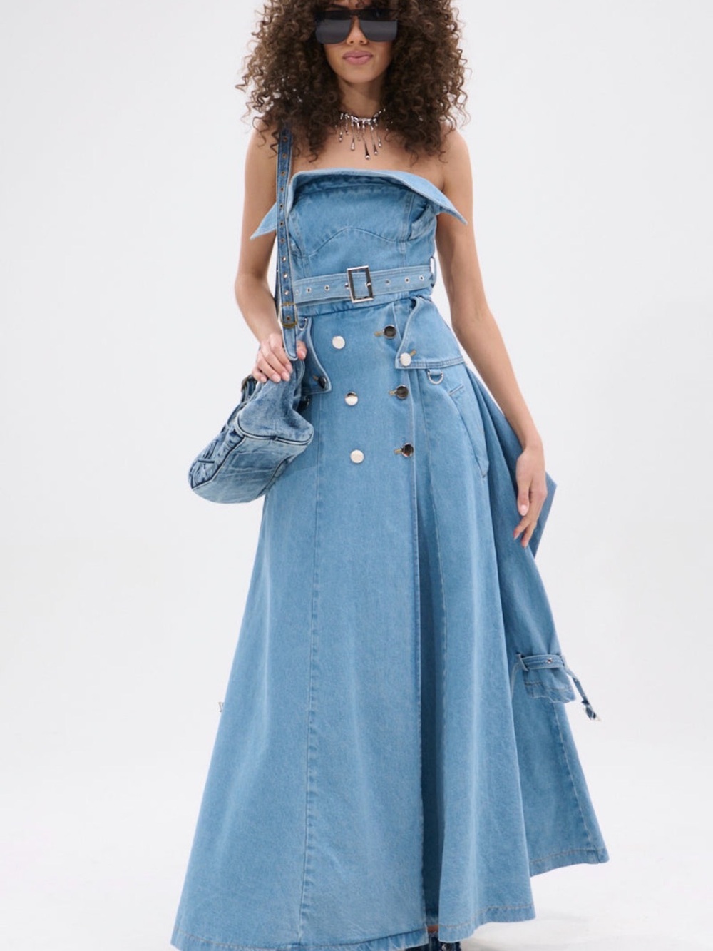 AKIRA Light Blue Strapless Denim Jumpsuit with Belt